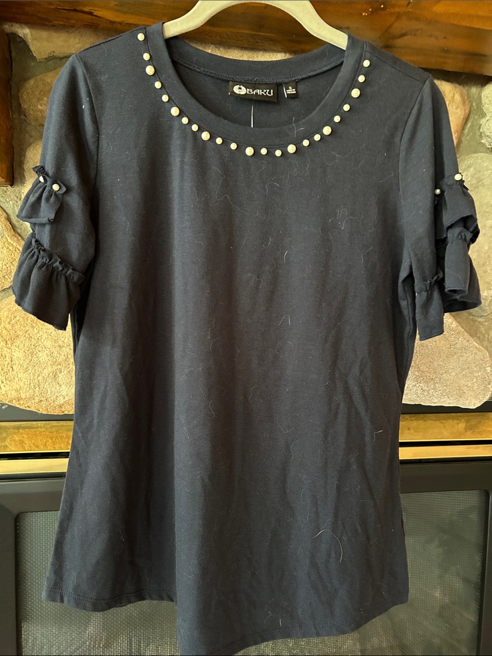Baku Dark Navy Pearl-Accent Short Sleeve Tee, Size S , NWT